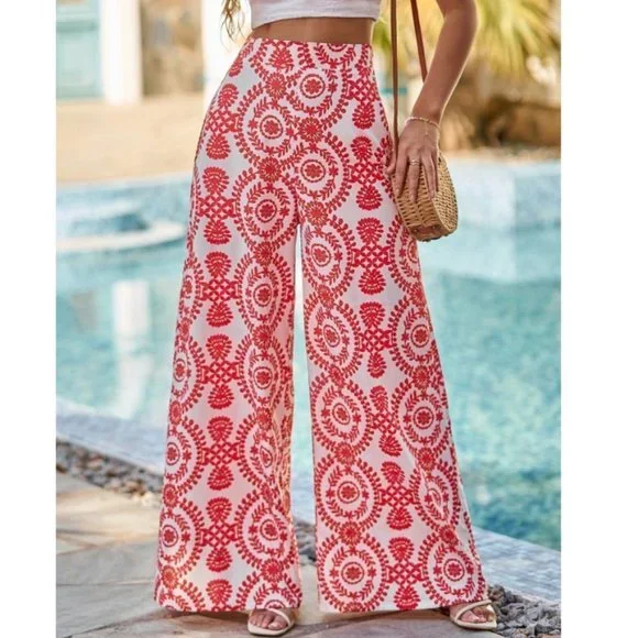 Red Boho Womens Damask Print Wide Leg Pants - Picture 1 of 5